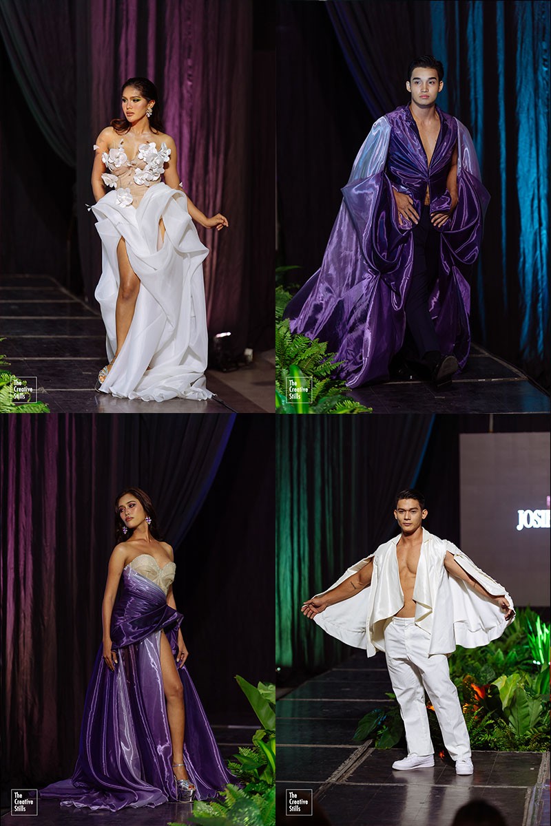 Models presenting the "Flow and Motion" collection by Josip Tumapa, featuring fluid gowns and dynamic menswear on the runway
