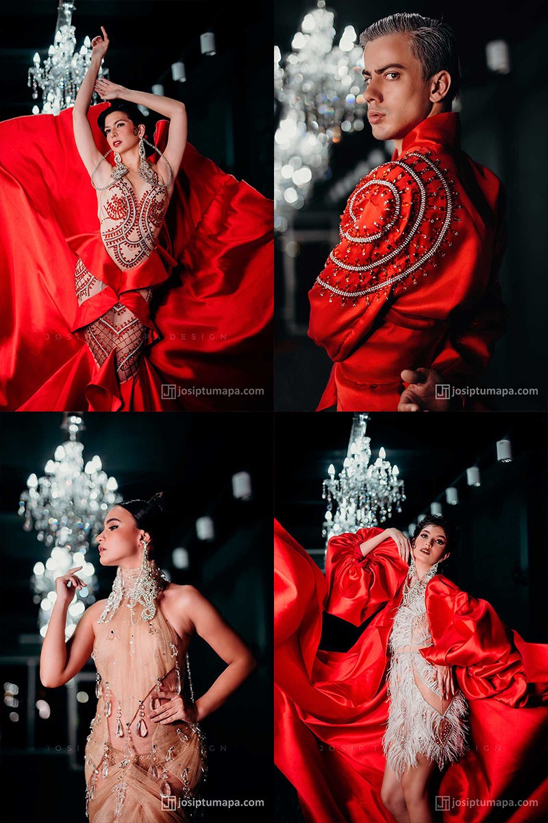 Group photo of the Also a Dreamer collection by Josip Tumapa with couture gowns in red and nude tones