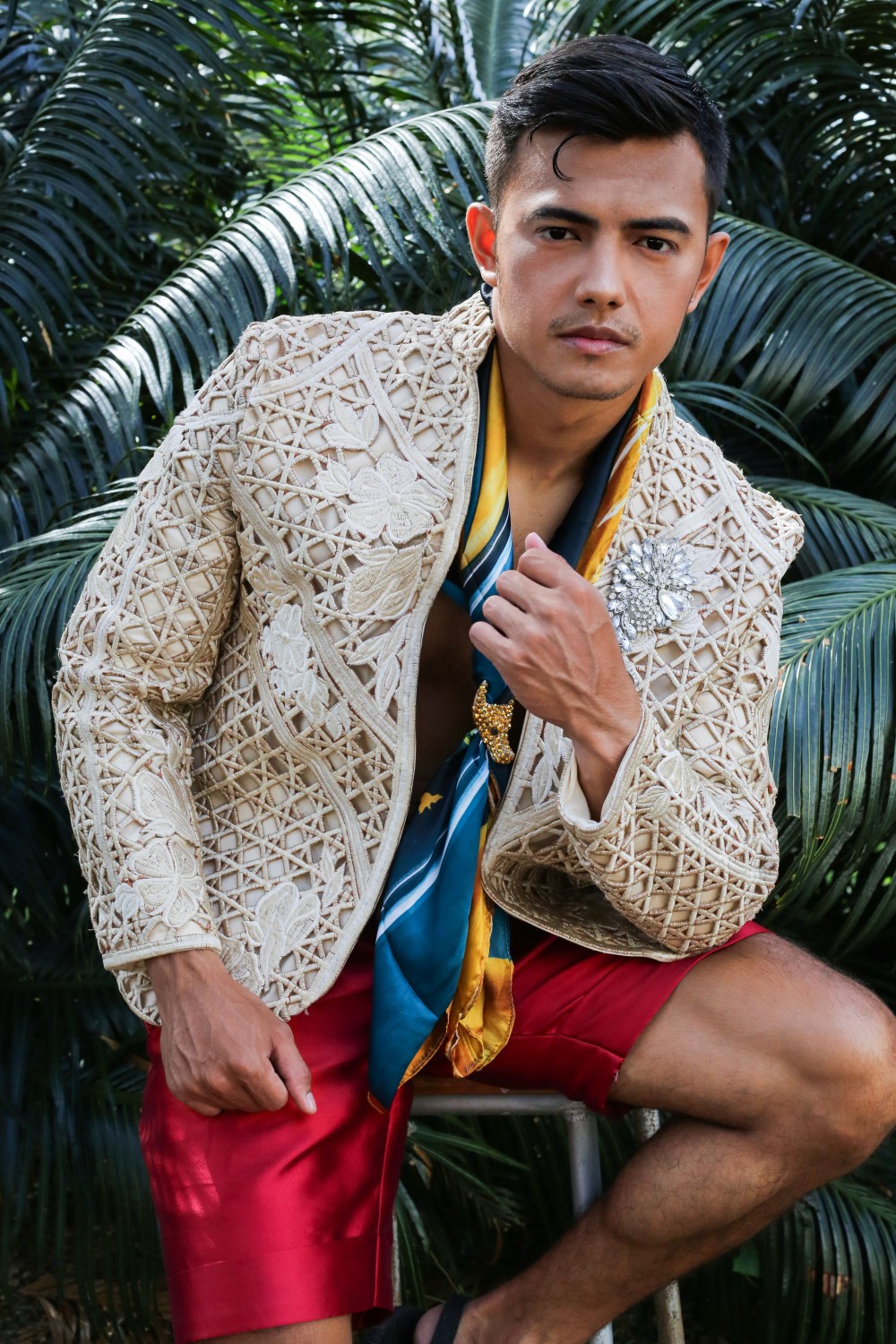 Modern woven Barong jacket reinterpretation with lattice embroidery by Josip Tumapa Design